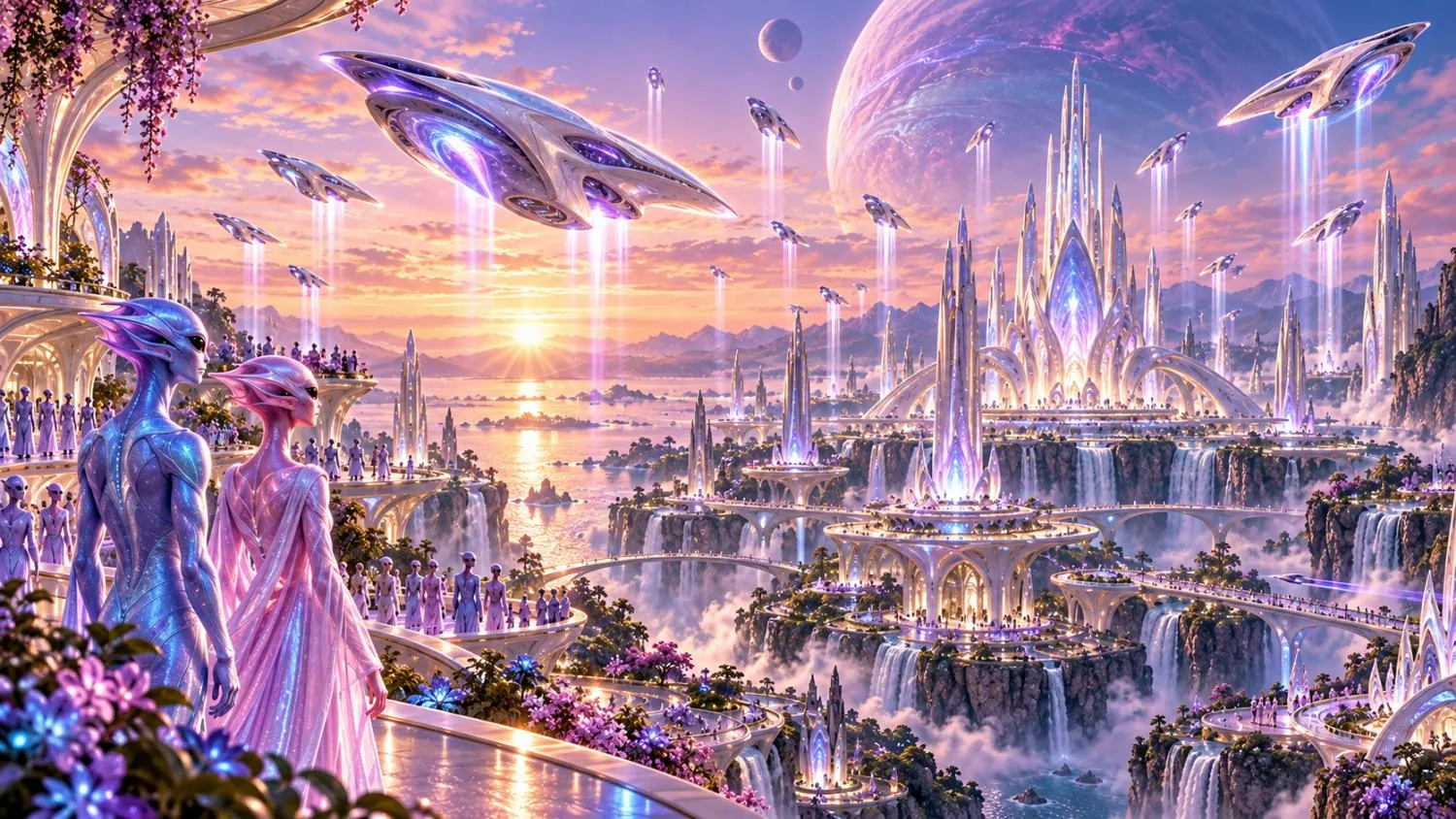 Two lavender-skinned Quellorians stand on a flowered balcony at sunset, watching silver ships descend over a crystal city of towers and waterfalls beneath a giant planet.
