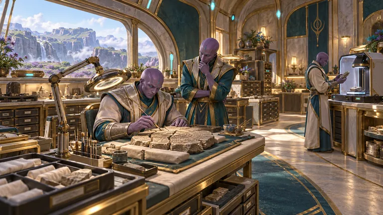 Three purple-skinned Ambrosians in robes restore carved stone tablets at workbenches in a bright workshop, with a mountain valley through tall windows.
