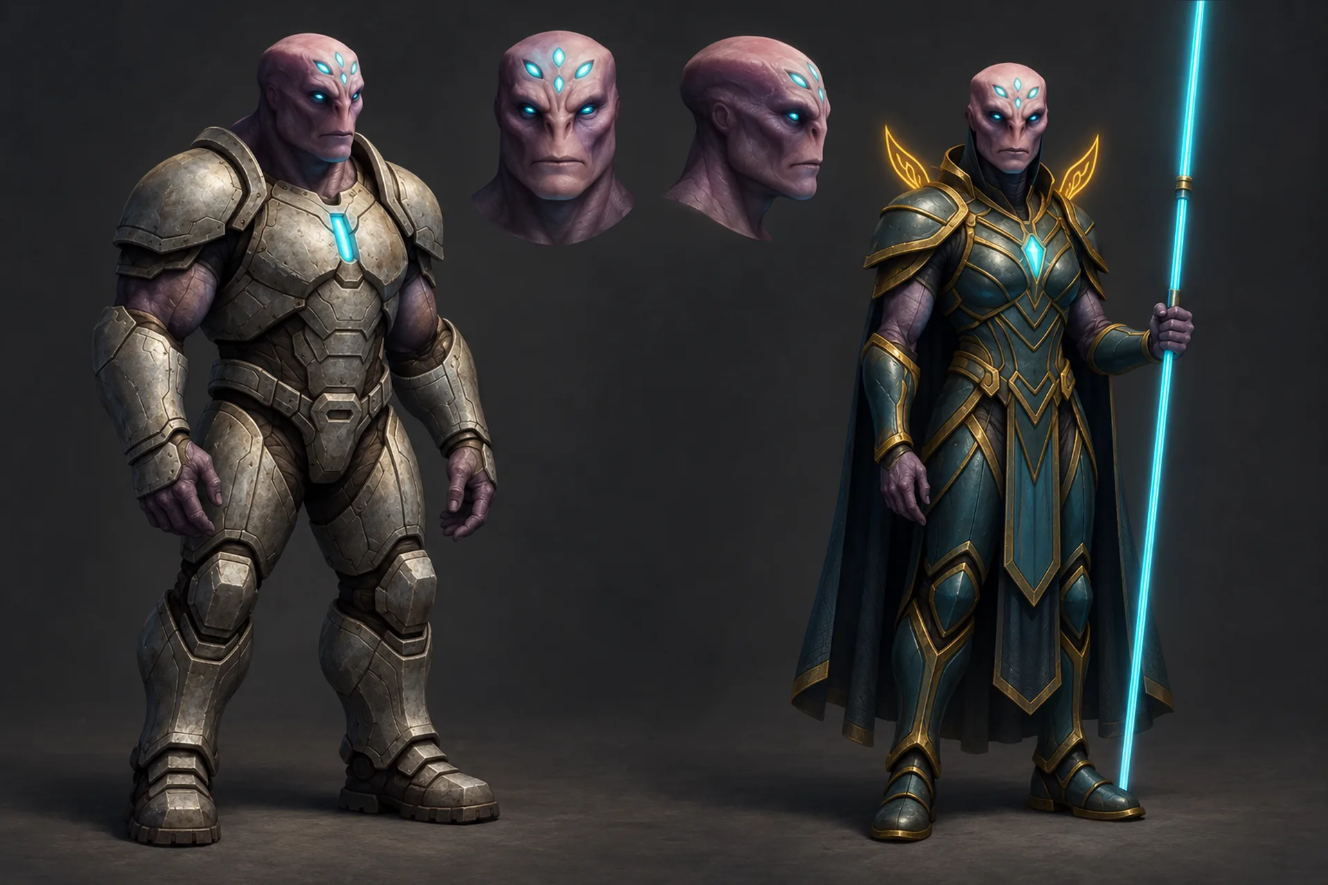 Character studies of a purple-grey figure with glowing blue marks on the forehead, shown in heavy armor and in a teal and gold robe with a staff.