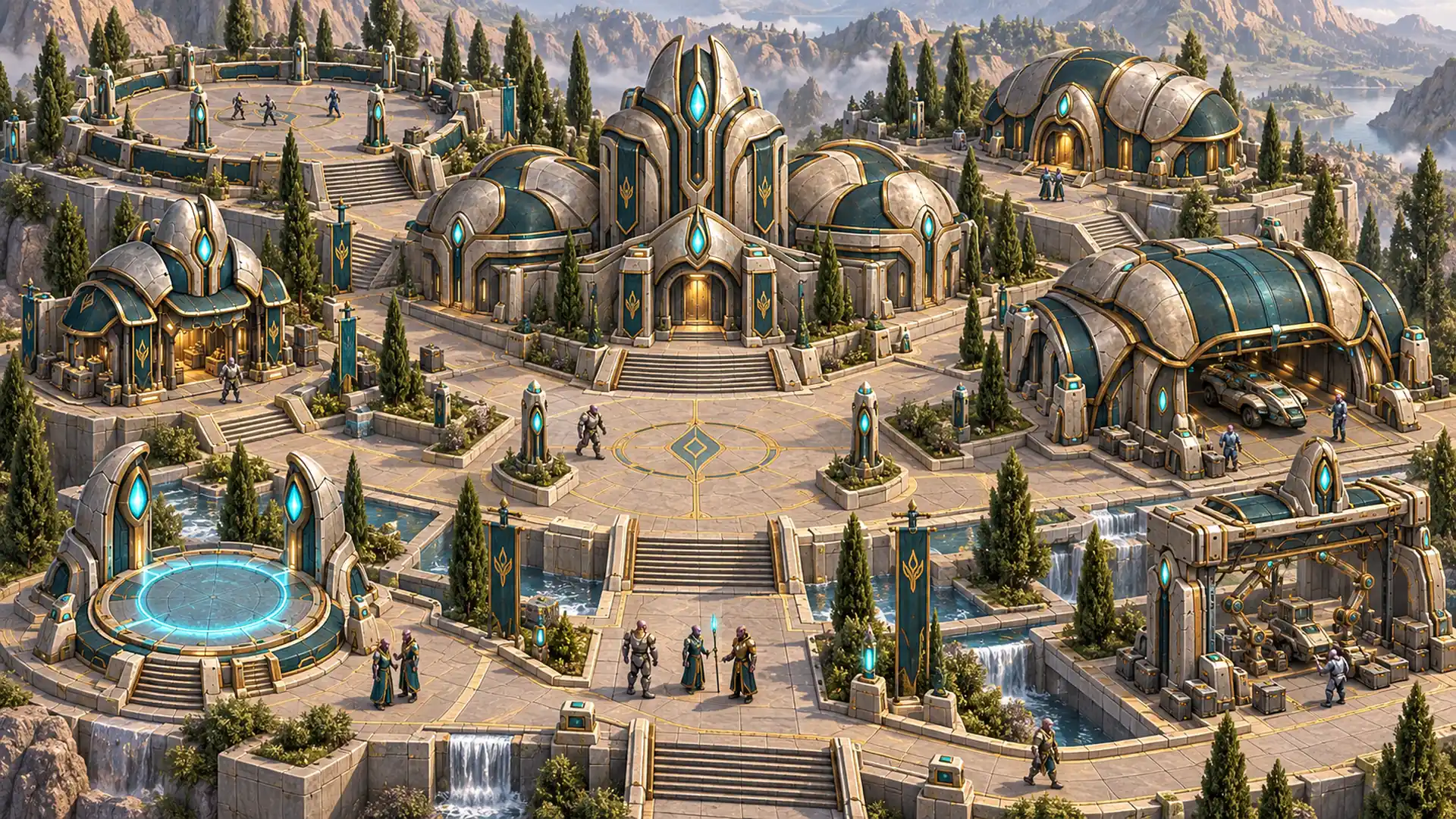 A terraced stone settlement of teal and gold domes, canals, and glowing doorways, set in a mountain valley.