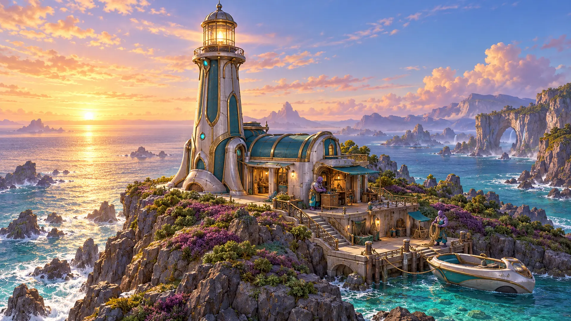 A teal and gold lighthouse and house on a rocky coastal point at sunset, with a small boat at a dock below.