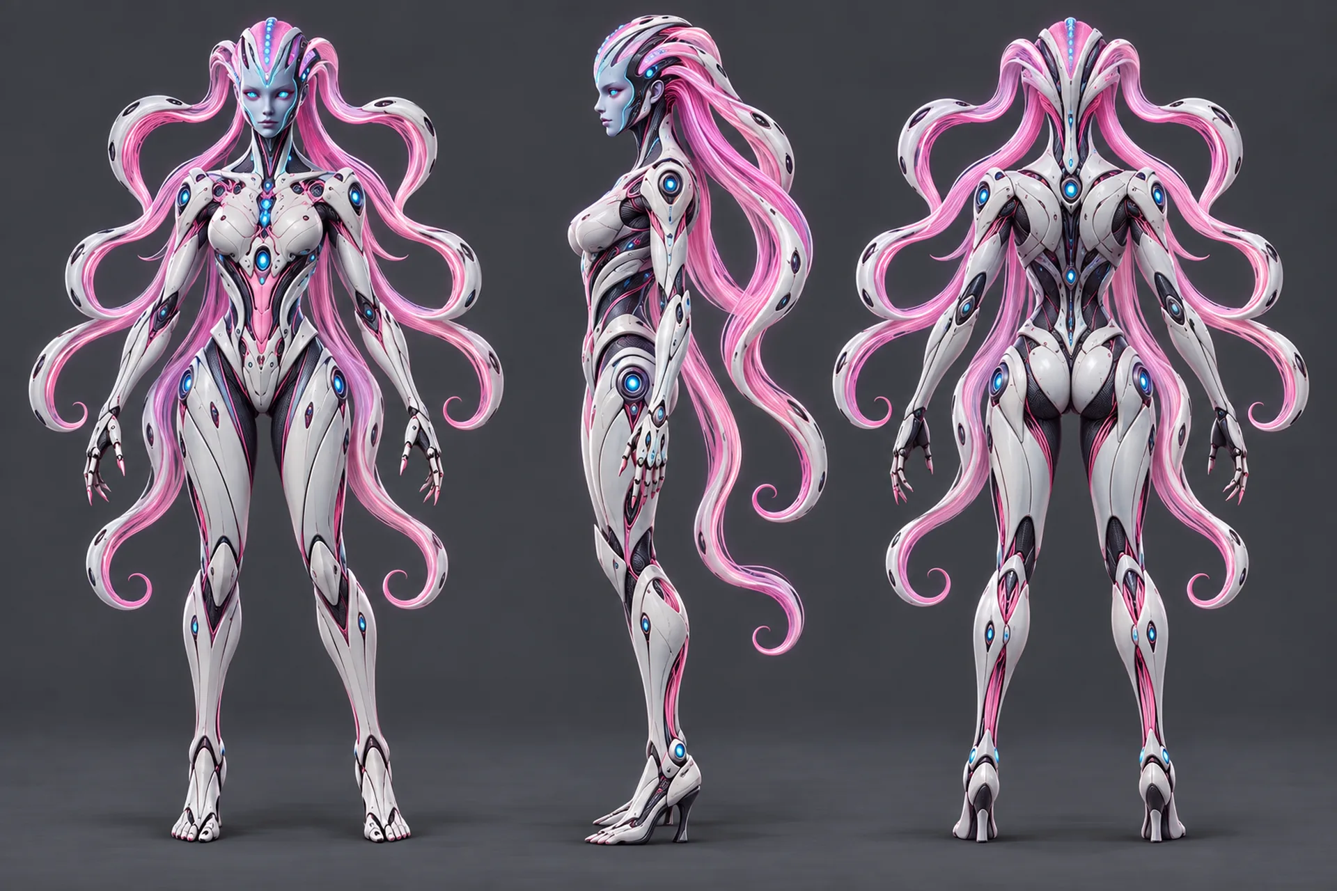 Three views of a figure in a white and pink cybernetic frame with long pink hair and blue lights set into the body.