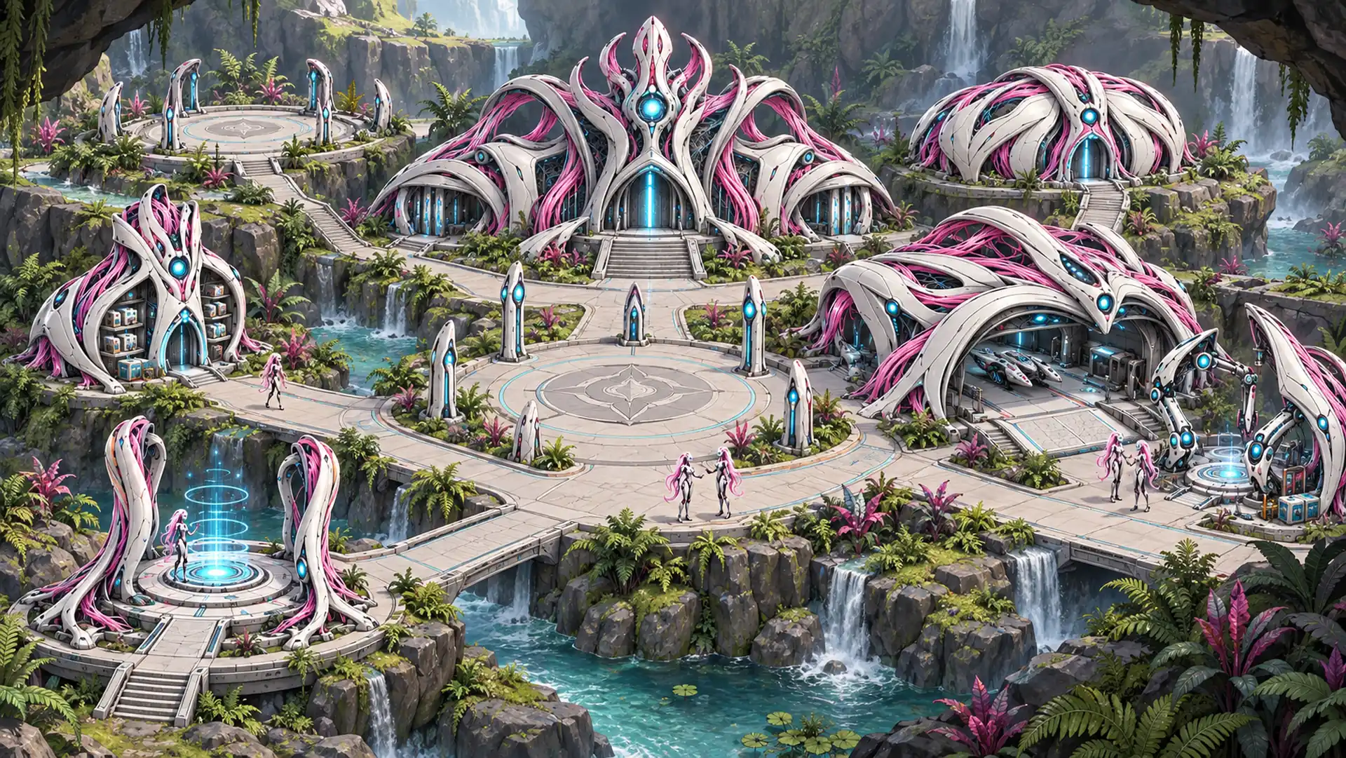A cliff settlement of white and pink organic structures over waterfalls, with teal pools and glowing doorways.