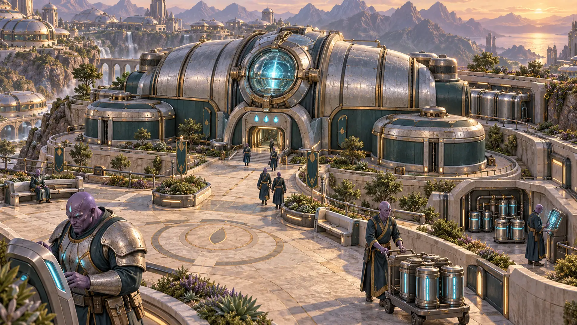 A curved teal and gold building with a round glowing window, and figures moving along a planted walkway, with domes and mountains beyond.
