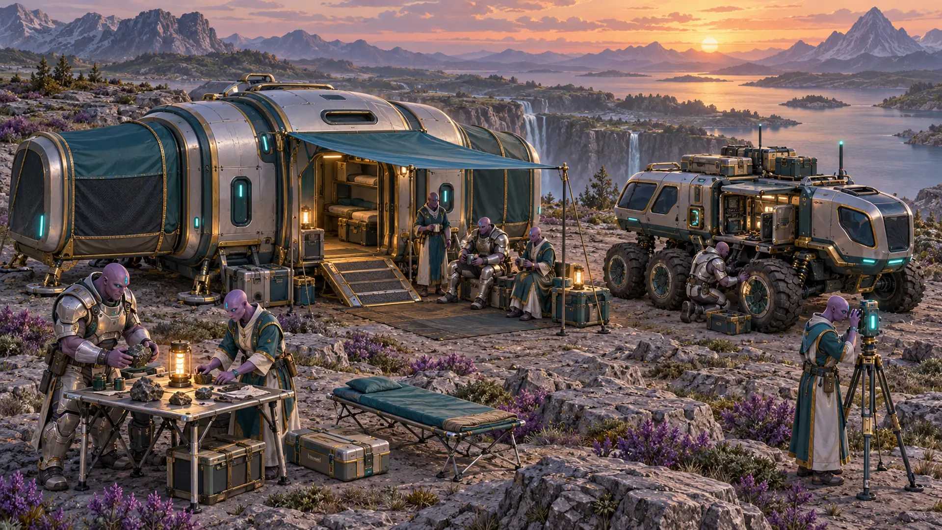 A cliff-top camp at sunset with a teal and gold shelter, a six-wheeled vehicle, and several purple-grey figures around tables and equipment.