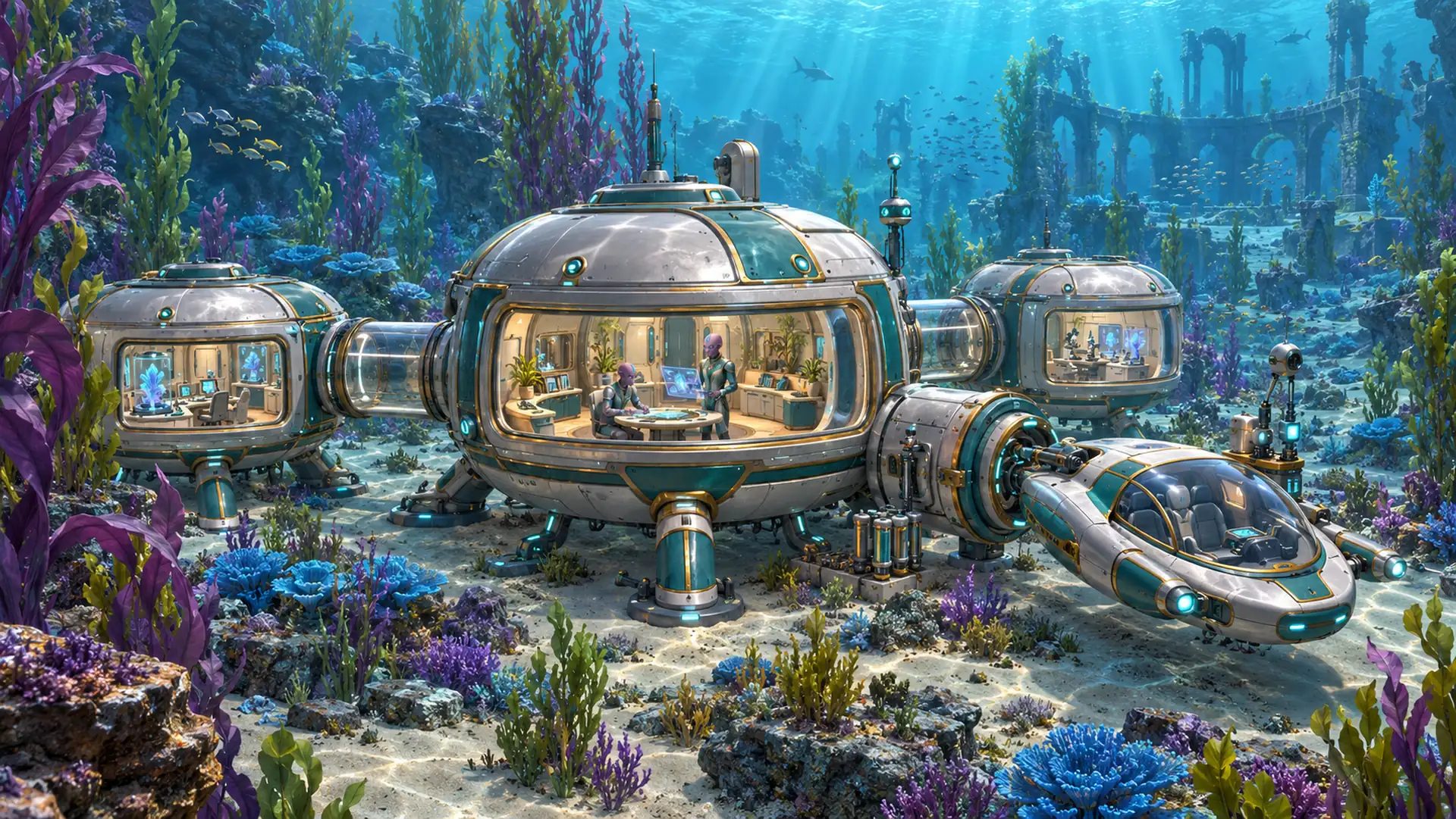 A teal and silver habitat of connected pods on a reef, with lit rooms visible through the windows and fish in the water around it.