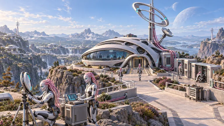 Two Cydruids with long pink hair and metal frames work a dish and console on a hilltop, below a curved white relay hall and a tall ring-topped mast.
