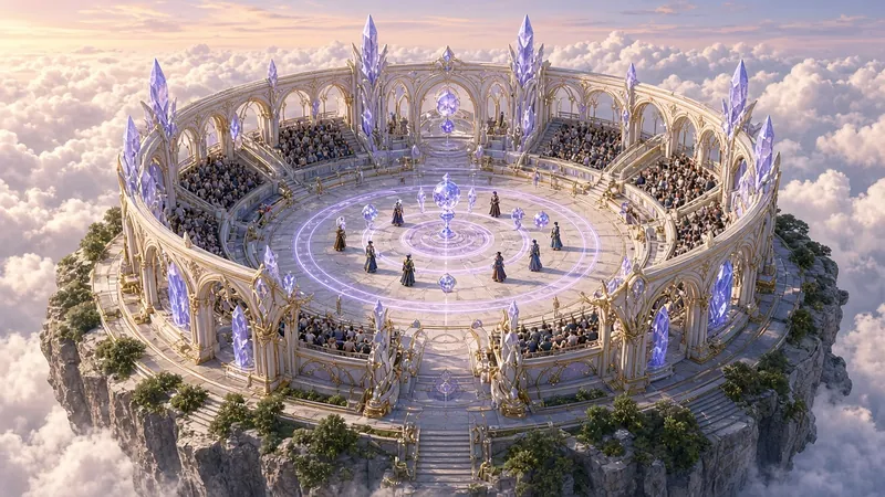 Painted art: a white-and-gold Quellorian arena ringed with violet crystals and full stands, set on a cliff above the clouds.
