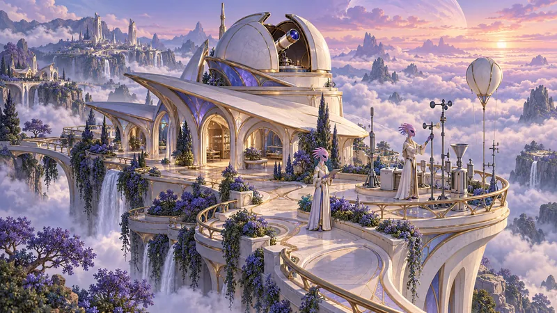 Painted art: two Quellorians tend instruments on a white-and-gold observatory terrace above a sea of clouds, under a large pale planet.