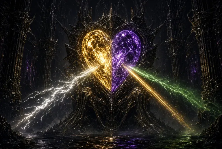 A heart-shaped stone, half gold and half violet, sits in a dark spiked throne while beams of white, gold and green lightning shoot out from it.