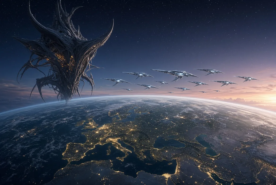A dark spired structure hangs in orbit above the night side of Earth while a formation of pale ships crosses the sky.