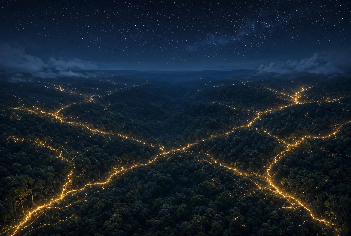 A night forest seen from above, with branching lines of golden light running through the canopy under a starry sky.