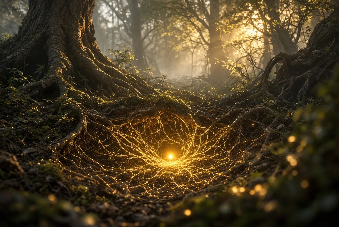 Forest roots form a hollow around a bright golden core, with threads of light spreading through the roots.